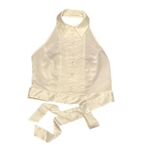 Taiga Satin Off White Halter Neckline Point collar Top Size 10